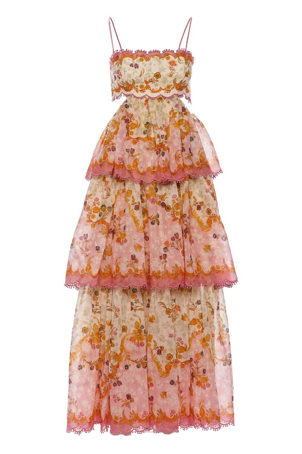 Elegant A Line Spaghetti Straps Floral Print Ruffles Long Prom Dress Party Gowns AB486