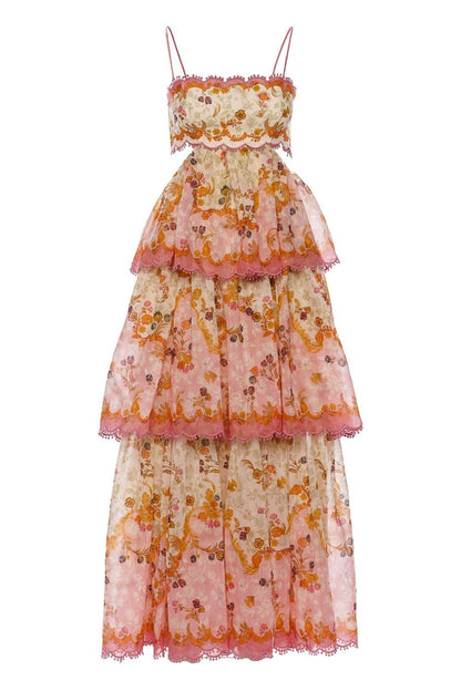 Elegant A Line Spaghetti Straps Floral Print Ruffles Long Prom Dress Party Gowns AB486