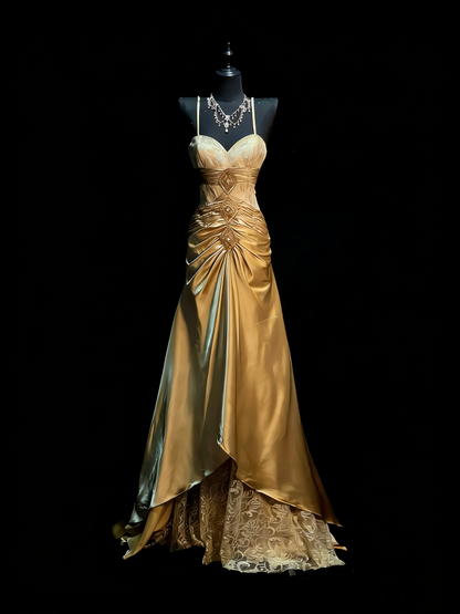 Robe de bal longue de fin d'année pour adolescentes, coupe trapèze, dos nu, en satin doré, modèle N1182