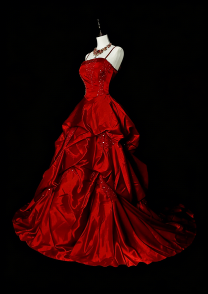 Ball Gown Spaghetti Straps Burgundy Satin Prom Dresses Evening Gown Formal Dress Vintage Party N1776