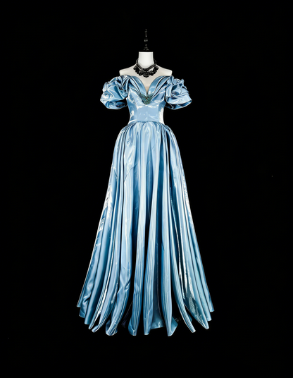 Verträumte Abschlussballkleider Ästhetik 80er Retro schulterfrei Hellblau lange formelle Outfits N2363