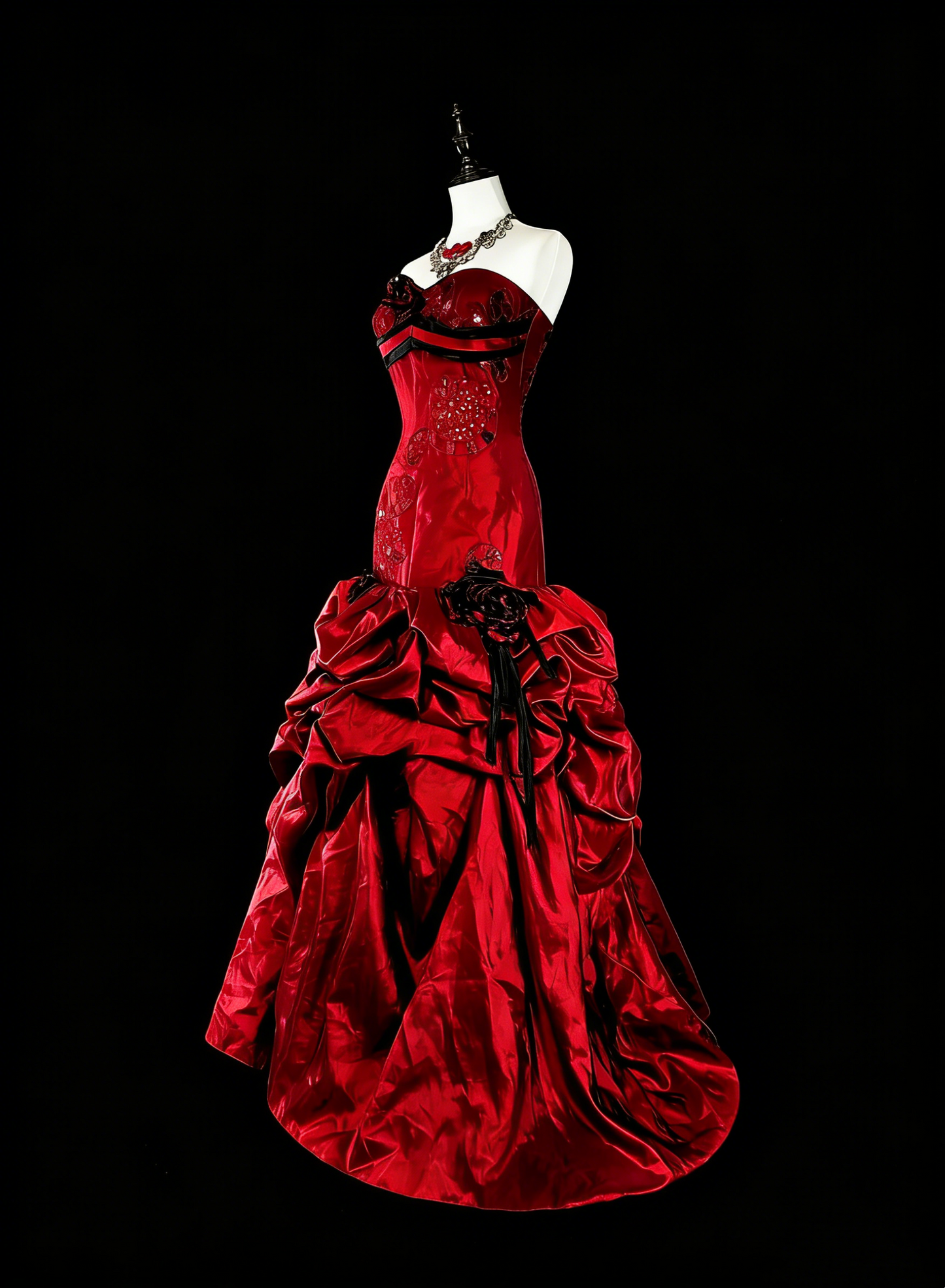 Robes de bal vintage sirène bustier plissées satin bordeaux avec appliques longue robe de soirée N2373