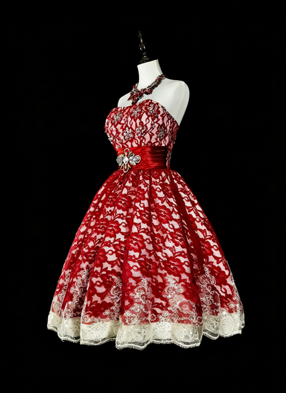 Robe de bal bustier en dentelle rouge d'inspiration unique - Robes de bal courtes d'inspiration vintage des années 2000 N2010