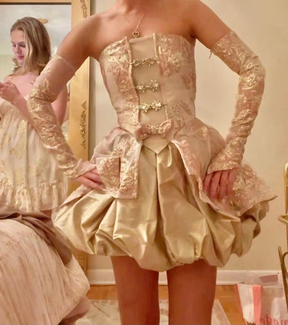 Beautiful Ball Gown Strapless Gold Lace Short Homecoming Dress Inspo Ideas Mini Party Dresses RB6925