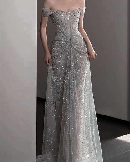 Bezauberndes, kurzes Meerjungfrauen-Abendkleid mit silbernen Pailletten und Perlenstickerei, langes Kleid mit kurzen Ärmeln, AB1514