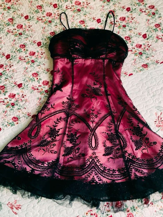 Glam A line Spaghetti Straps Hot Pink Lace Short Mini Homecoming Dresses Party Outfits Inspiration RB9299