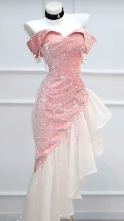 Elegantes Meerjungfrauen-Kleid, schulterfrei, Pink mit kurzen Ärmeln, formelles Kleid, Pailletten, Geburtstag, Abschlussballkleider N2816
