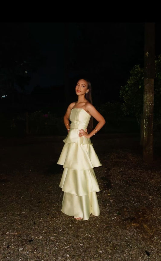 Prom Dress A line Yellow Strapless Satin Floor Length Formal Evening Gown for Graduation Party RB9459
