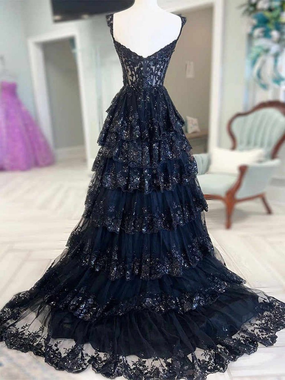 Funkelndes, ärmelloses Pailletten-Ballkleid mit Spaghettiträgern, marineblau, AB457