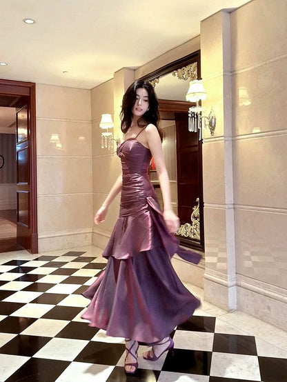 Elegantes und schickes asymmetrisches Rüschen-Cami-Kleid für Damen, schlichtes Party-, Abschlussball-, Abend-, Geburtstags- oder Hochzeitsgastkleid AB956