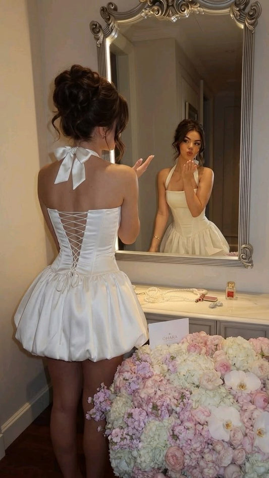 Cute Hoco Dress Ball Gown Halter Corset Fit Back White Short Homecoming Party Dress RB9301