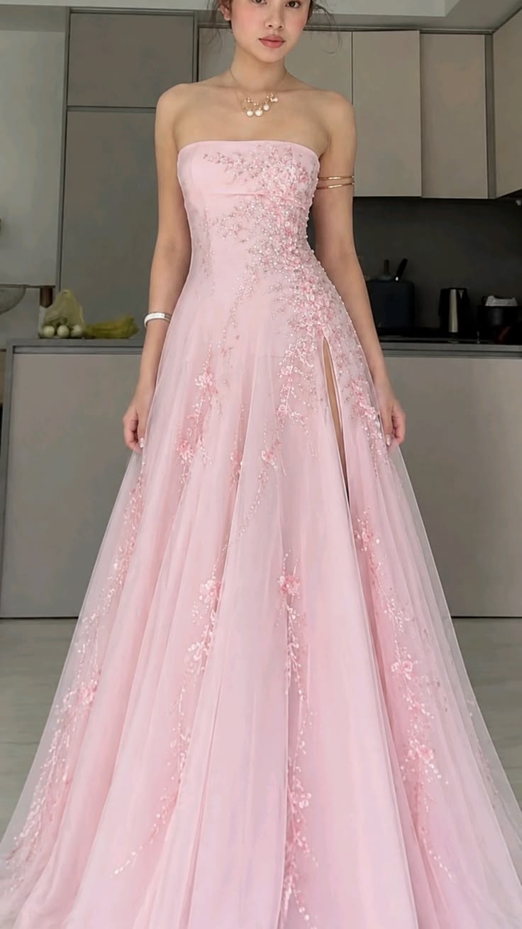 Aesthetic Princess Pink Prom Dress Fairytale Ball Gown Strapless Slit Long Formal Dresses RC1361
