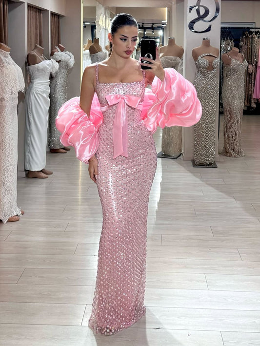 Schimmernde Etui Spaghetti-Träger Rosa Pailletten Abendkleid Lange Abschlussballkleider N2818