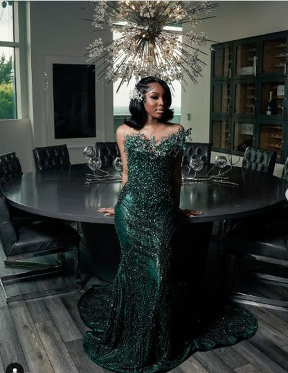Robe de soirée sirène vert émeraude en satin perlé à une épaule de luxe N599