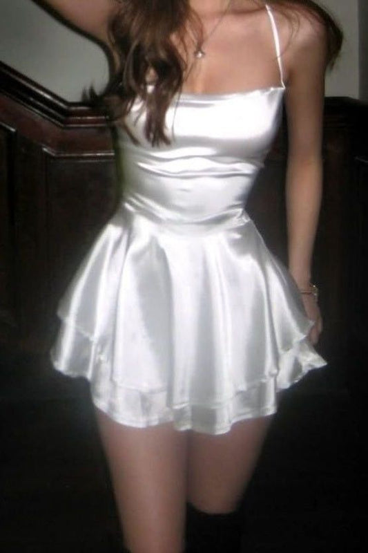 Unique A Line Halter White Satin With Ruffled Hoco & Homecoming Dress Inspo Short Party Dresses RB6458