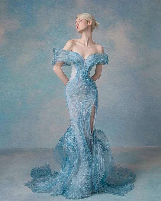 Modest Mermaid Off The Shoulder Ice Blue Tulle With Slit Evening For Women Party Dress Long Formal Prom Dresses 22th Birthday Outfits AB1361