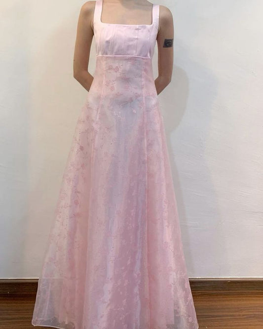 Einfaches A-Linien-Abendkleid aus rosa Spitze mit eckigem Ausschnitt, lange Ballkleider N2819