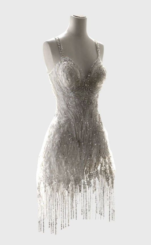 Timeless Sheath Spaghetti Straps Short White With Beads Tassels Summer Beach Wedding Dresses RB3539