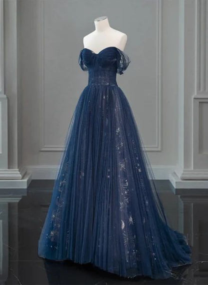 A-Linien-Abendkleid aus Tüll und Spitze in Dunkelblau mit Carmen-Ausschnitt AB693
