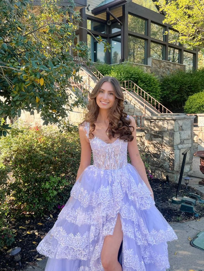 Robe de soirée longue en dentelle rose à épaules dénudées et fente, modèle AB480