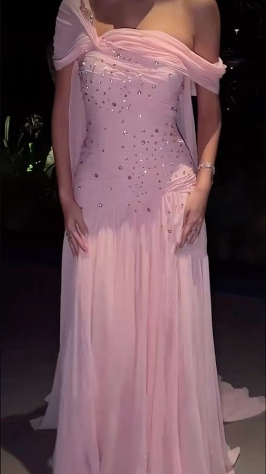 Sexy schulterfreies rosa Chiffonkleid mit silbernen Perlen, langes Ballkleid, Meerjungfrau-Stil, figurbetont für Damen N4116