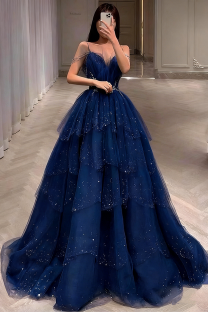 Wunderschönes, staubblaues, glitzerndes Tüll-Abendkleid mit Perlenbesatz, gestuftes Abendkleid mit Strasssteinen, AS161