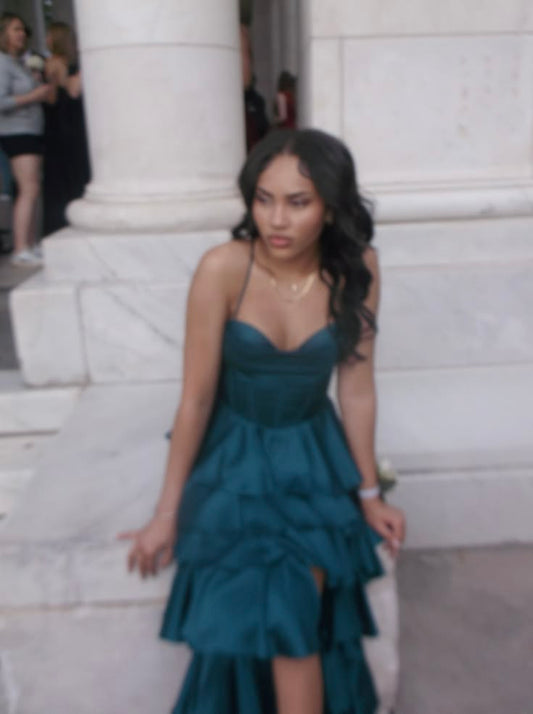 Prom Dress Elegant A line Teal With Tiered Layers Slit Formal Evening Gown for Graduation Party RB9447