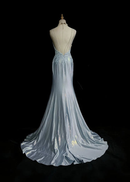 Robe de bal bleue élégante à fines bretelles spaghetti, décolleté cœur plissé, dos nu sexy, coupe sirène, robe de soirée de gala AB987