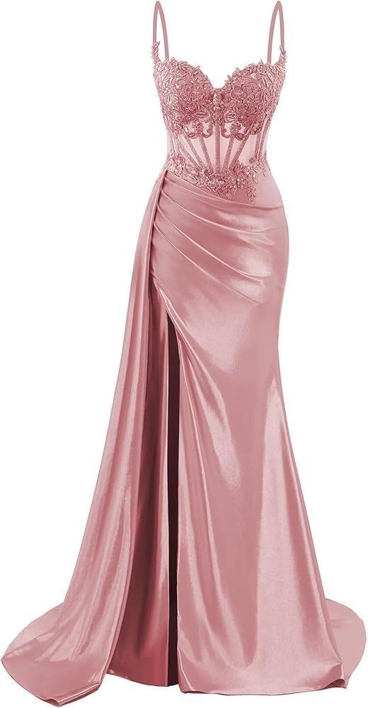 Ethereal Mermaid Spaghetti Straps Burgundy Beaded Slit Long Prom Dresses Inspiration Prom Gowns RB1308