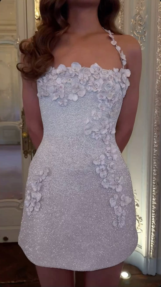 Modest Hoco Dress Homecoming Dresses A line Halter White Sequin With Flowers Birthday Party Outfits RB6339