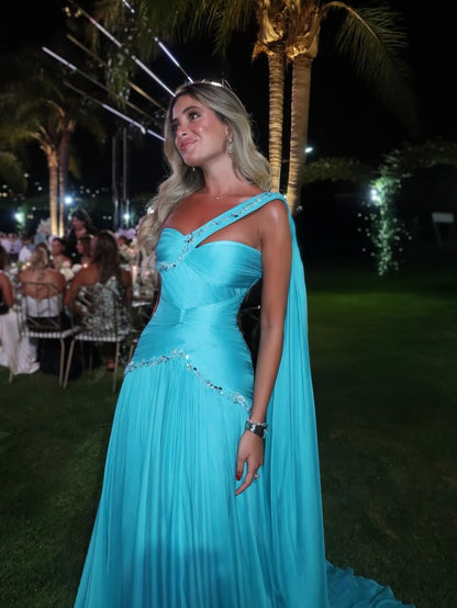Blue Prom Dresses Inspiration Mermaid One Shoulder Chiffon Pleated Evening Gown Long Gala Party Dress RC1499