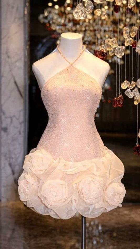 Glitter Sheath Halter Hoco & Homecoming Dress Pink Sequin With Flowers Party Dresses RB6463