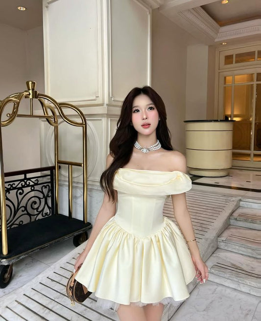 Cute Ball Gown Off The Shoulder Yellow Mini Hoco & Homecoming Dress Ideas Short Party Dresses RB6462