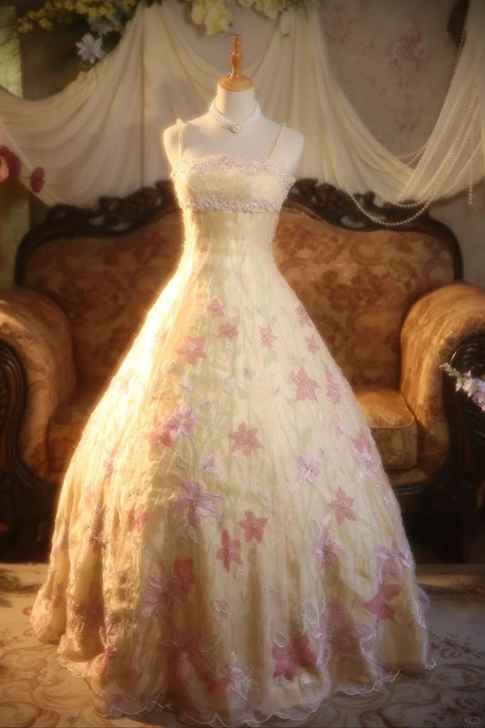 Elegant Ball Gown Spaghetti Strap Yellow Lace With Appliqued Perfection-Formal Goals Nigh Evening Long Prom Dress Party Outfits RB6756