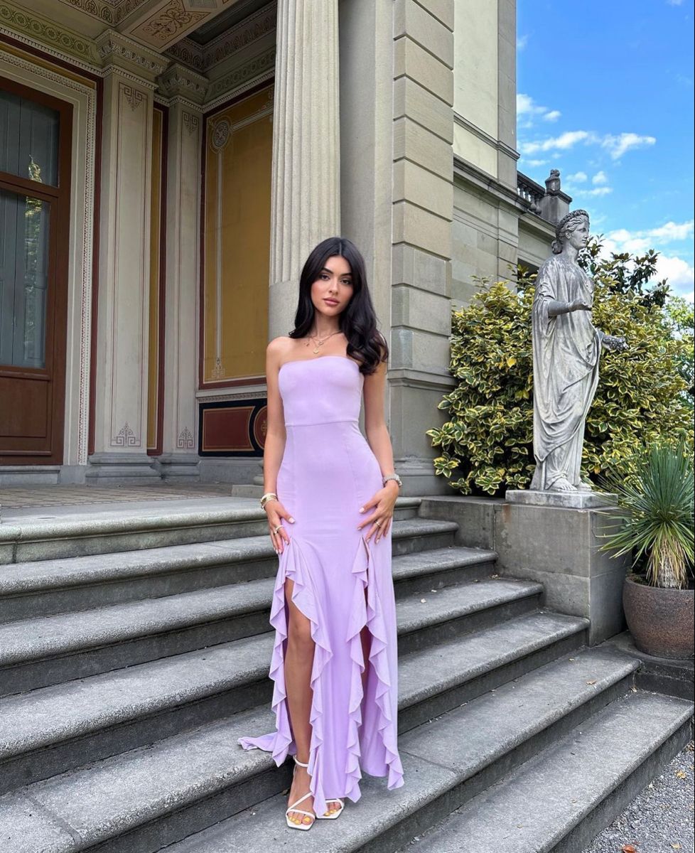 Prinzessin Meerjungfrau trägerloses lila Chiffon-Abendkleid mit Lagen und Schlitz AB144