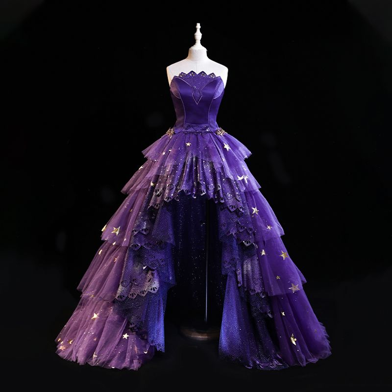 Princess High Low Strapless Purple Satin With Lace Prom Dresses Long Party Dress Grad Formal Evening Gowns AB2171