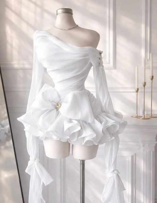 Cute Ball Gown One Shoulder Whith Long Sleeves Mini Hoco & Homecoming Dress Ideas Short Party Dresses RB6464