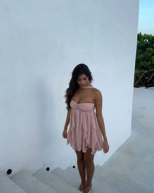 Süßes A-Linien-Kleid, trägerlos, rosa Chiffon, kurz, für den 15. Geburtstag, für die Mittelschule, Halb-Homecoming-Kleid, Cocktail-Outfits RB004