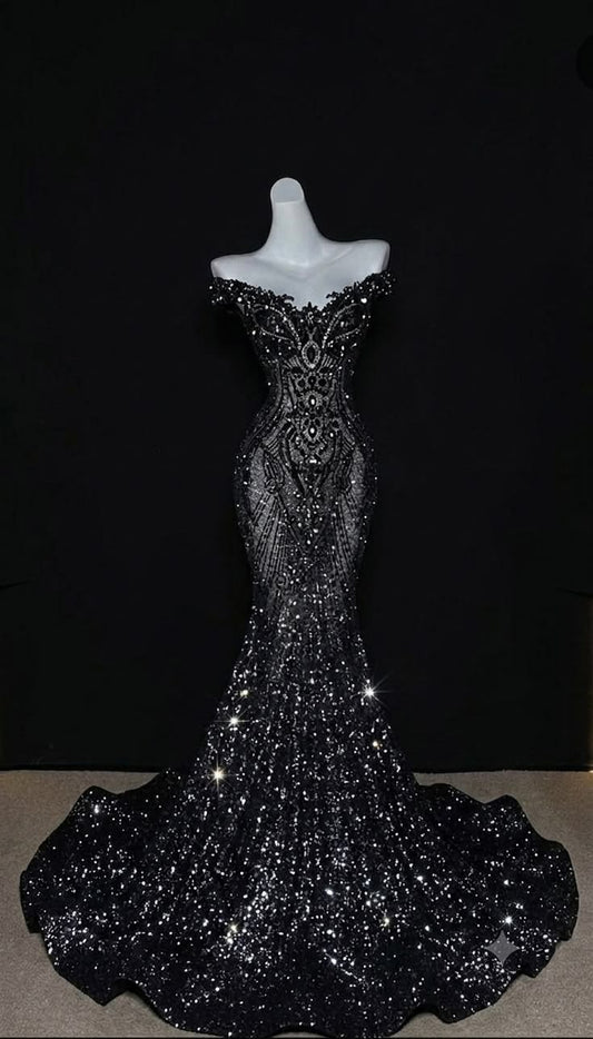 Elegant Mermaid Off The Shoulder Black Sequined Long Prom Dresses Inspiration Party For Outfits Every Occasion Formal Gown RB8952
