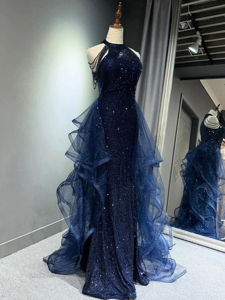 Marineblaues Pailletten-Abendkleid im Meerjungfrauenstil, langes Ballkleid AB680