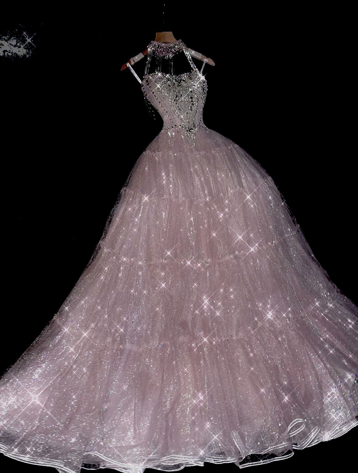 Prom Dress Sparkly Ball Gown Halter Pink Tulle Floor Length Formal Gown for Women Graduation Party RB9323