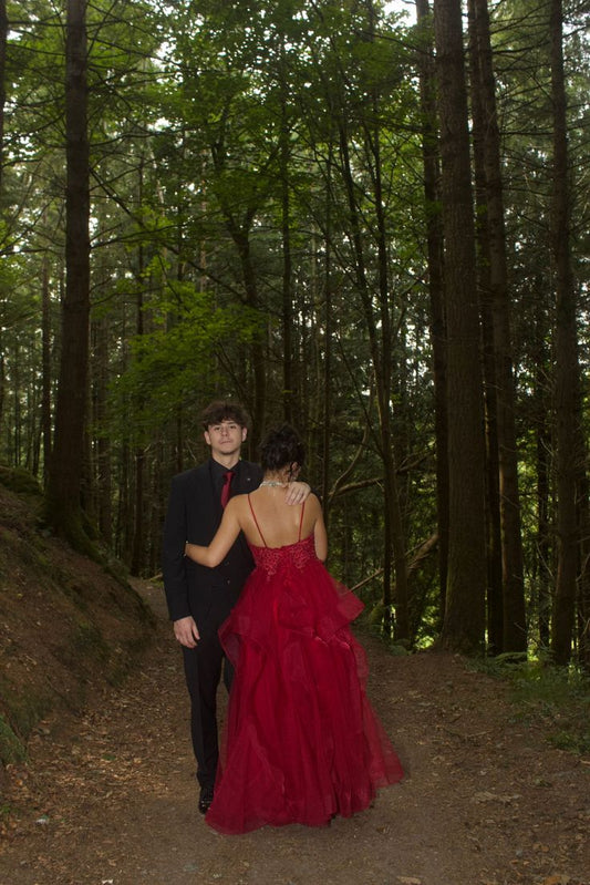 Elegantes, burgunderrotes Tüll-Abendkleid mit Spaghettiträgern – Inspiration für Teenager, festliche Outfits, Partykleider, Ballkleider AB083