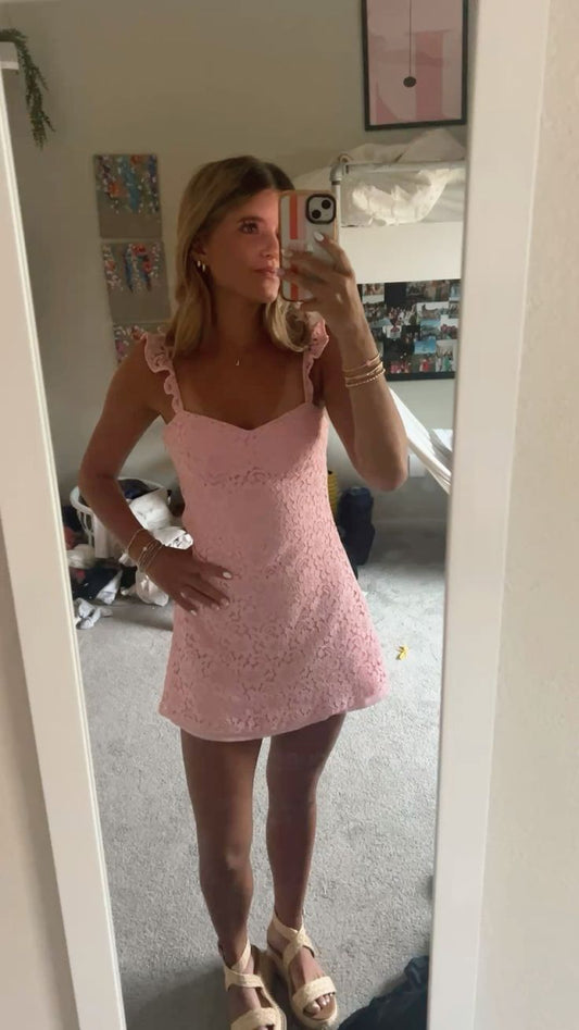 Unique A Line Square Pink Lace Mini Hoco & Homecoming Dress Inspo Short Party Dresses RB6465