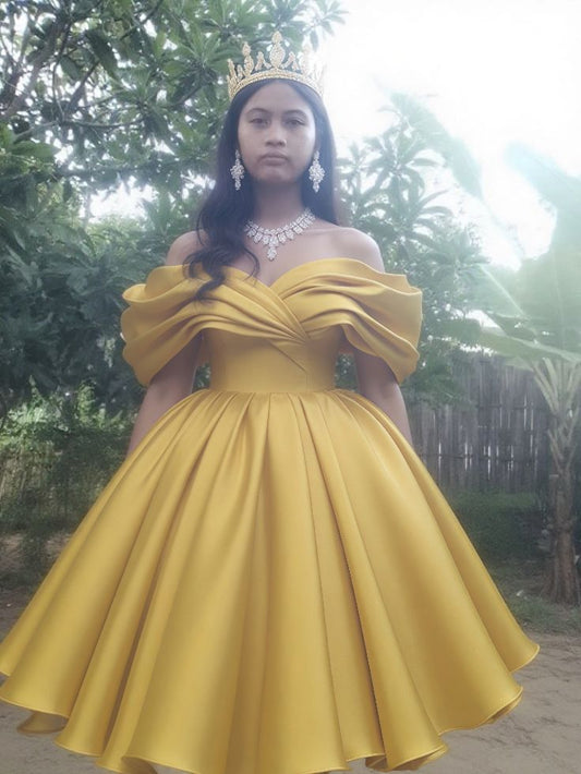 Bezauberndes Ballkleid, schulterfrei, gelber Satin, Inspiration, kurze Ärmel, kurzes Abiballkleid, Hochzeitsgastkleid, Abendkleid AB270