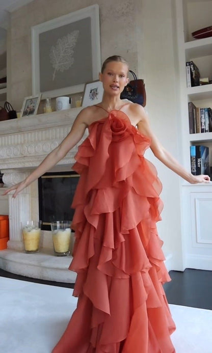Robe longue de plage à volants pour femme avec fleurs 3D, dos nu, sans manches, coupe slim, maxi, trapèze, pour bal de promo N2352