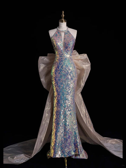 Robe de bal longue sirène à paillettes, col rond, sans manches, sans sequins, N680