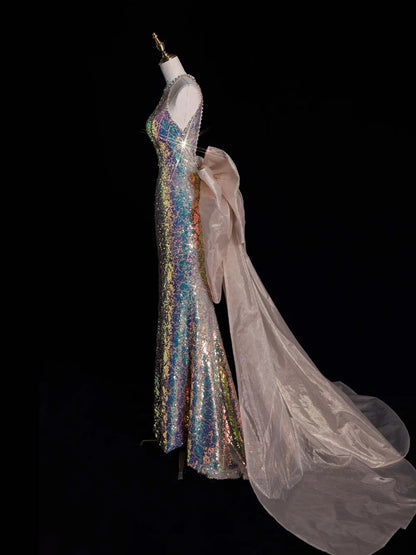 Robe de bal longue sirène à paillettes, col rond, sans manches, sans sequins, N680