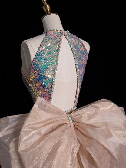 Robe de bal longue sirène à paillettes, col rond, sans manches, sans sequins, N680