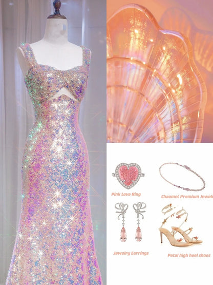 Funkelndes Meerjungfrauen-Abendkleid mit herzförmigem Ausschnitt, Trägern, rosa Pailletten, langes Ballkleid N724