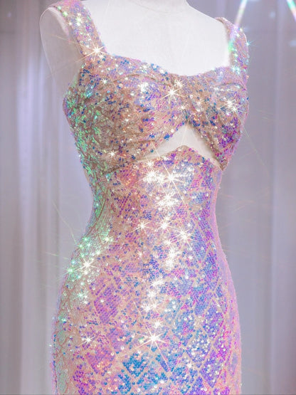 Funkelndes Meerjungfrauen-Abendkleid mit herzförmigem Ausschnitt, Trägern, rosa Pailletten, langes Ballkleid N724